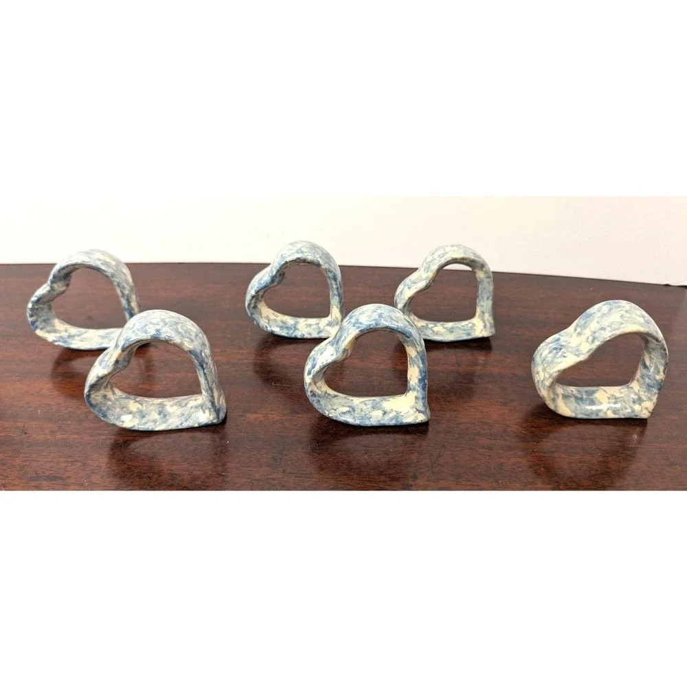 Vintage Blue White Spongeware Ceramic Heart Napkin Rings Set of 6 Country Farm